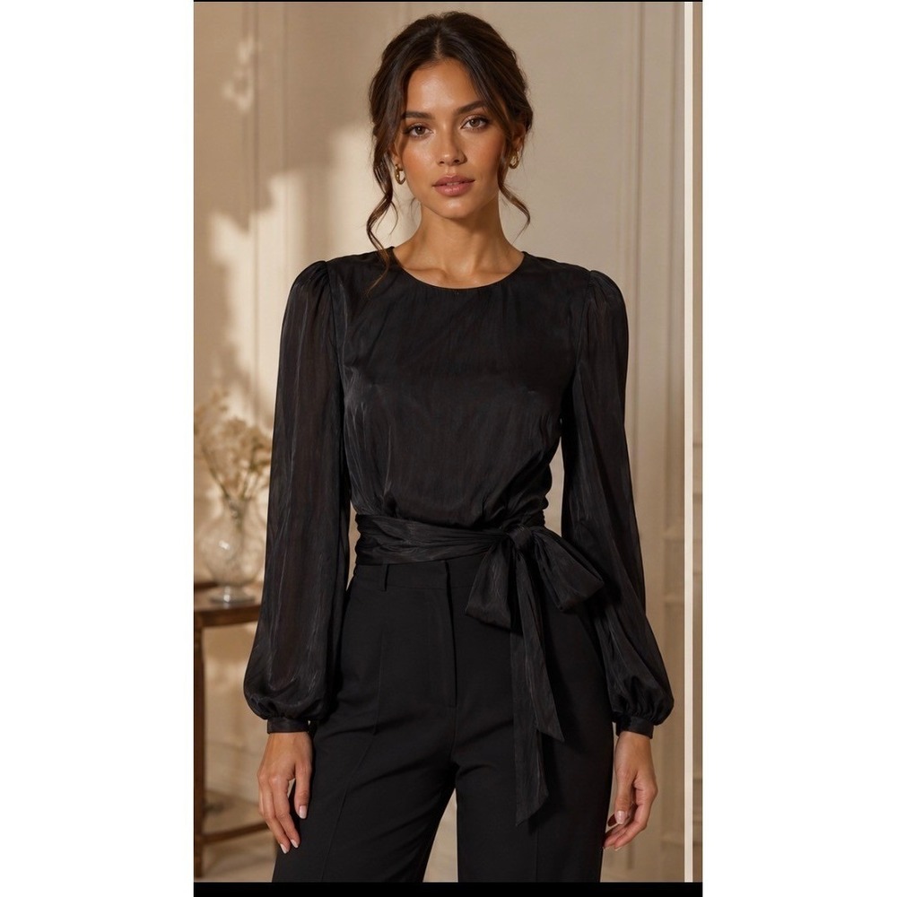 HYFVE Black Open Back Tie Waist Satin Crop Top Long Puff Sleeve HF22E489 Medium